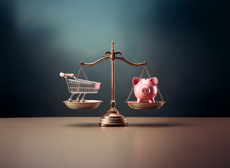 A shopping cart and a piggy bank balance on scales, symbolizing the delicate equilibrium between spending and saving.  Financial decisions, budget, and wise consumption are implied.