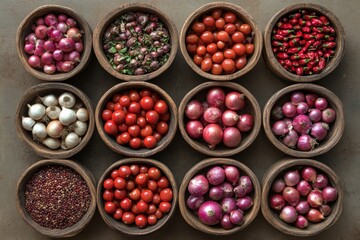 Poster - Colorful variety of fresh vegetables displayed in wooden bowls at a local market in the afternoon sunlight