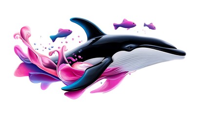 Poster - Black and White Whale Leaping Through Pink and Purple Paint Splash