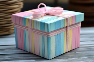 Poster - Colorful gift box with pastel stripes and bow placed on a wooden surface surrounded by woven baskets