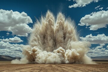 Poster - Dust and debris erupt from a massive explosion in a remote desert location under a bright blue sky dotted with clouds