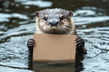 Poster - Otter floating in water holding a cardboard sign in its paws during a sunny day outdoors