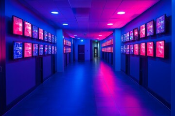 Poster - Hallway illuminated with vibrant pink and blue lights showcasing multiple digital screens displaying data