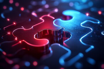 Poster - Colorful puzzle pieces illuminated with vibrant blue and red lighting create an intriguing abstract composition