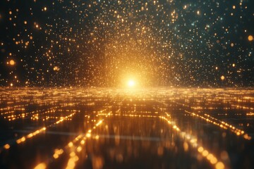 Aufkleber - Visual representation of abstract digital landscape with glowing lights and warm hues creating an energetic atmosphere