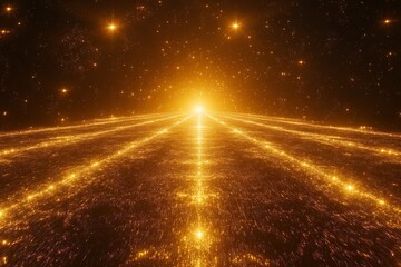 Poster - Vibrant light beams emanate toward the viewer in an expansive cosmic setting filled with stars
