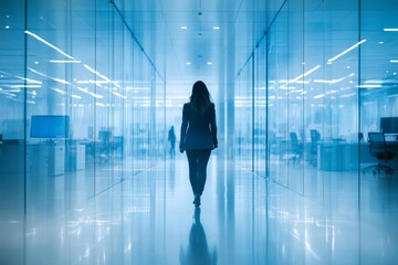 Poster - Professional woman walks through modern office space during early morning hours, showcasing a sleek design and bright atmosphere