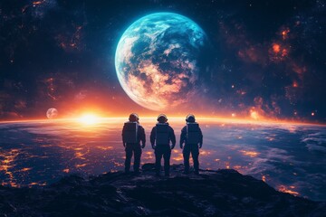 Poster - Astronauts observe a vibrant extraterrestrial landscape during a mission near a distant planet