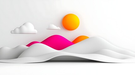 Poster - Simple Geometric Landscape with Pink and Orange Mountains and Bright Sun