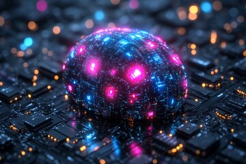 Aufkleber - Futuristic neon sphere resting on a complex circuit board, showcasing advanced technology and electrical connections