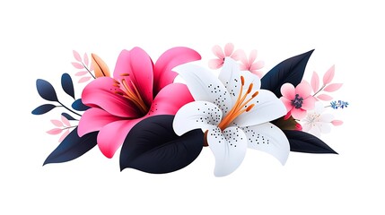 Wall Mural - Pink and White Lilies Floral Arrangement with Dark Leaves