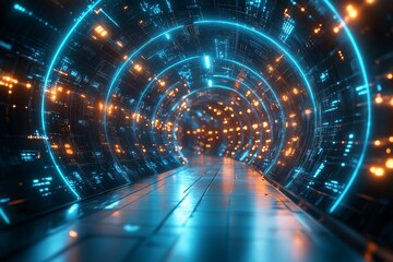Poster - Futuristic tunnel with glowing lights and digital elements creates an otherworldly atmosphere at night