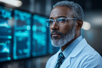 Poster - Experienced medical professional observing data in a high-tech laboratory setting