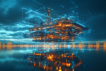 Aufkleber - Futuristic city landscape with glowing structures reflected in water under a dramatic sky