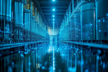 Aufkleber - Industrial facility showcasing modern technology in a bright blue-lit environment during nighttime operations