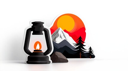 Wall Mural - Pixel Art Lantern and Majestic Mountain Sunset Landscape