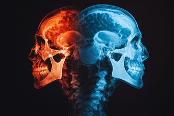 Aufkleber - Two skulls side by side in contrasting colors representing human anatomy and the connection between mind and body