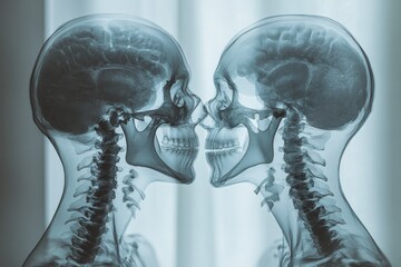 Aufkleber - Unique artistic display of two human skulls facing each other in an imaginative x-ray visualization