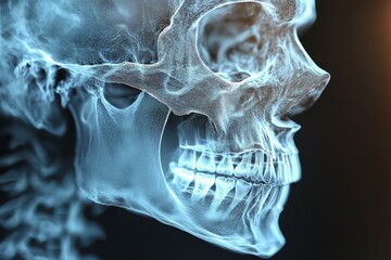 Poster - Detailed x-ray image of a human skull showcasing intricate bone structure and features in a dark background
