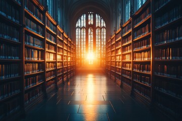 Poster - Sunlight streaming through library windows creates a warm atmosphere in a historic reading space at sunset