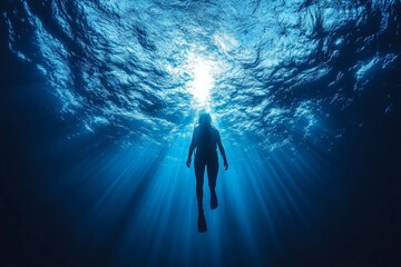 Aufkleber - Diver explores the vibrant underwater world beneath calm ocean waves at midday