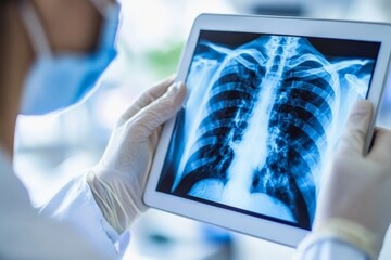 Aufkleber - Health professional examines chest X-ray on tablet in modern clinic setting during daytime
