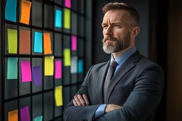 Poster - Man in formal attire reflecting near colorful sticky notes on a window during a brainstorming session