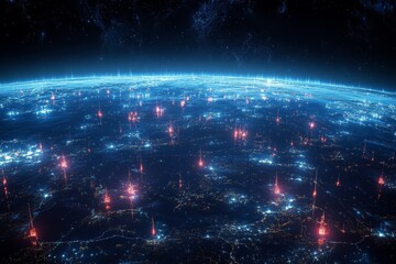 Aufkleber - Digital landscape view of Earth illuminated by glowing city lights and networks at night