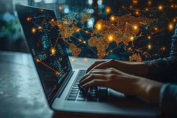 Poster - Global connection through technology as hands type on a laptop with a world map overlay showcasing network links