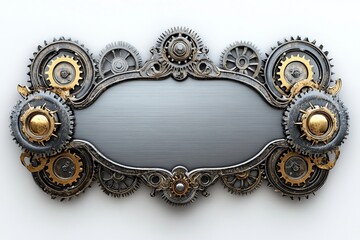 Aufkleber - decorative steampunk-style sign with intricate gears and clockwork elements on a metal background