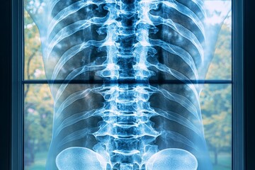 Poster - X-ray of a human spine displaying vertebrae structure and alignment with a natural backdrop in the background