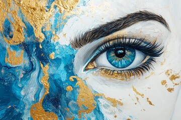 Poster - Artistic close-up of a striking blue eye surrounded by vibrant gold and blue abstract patterns