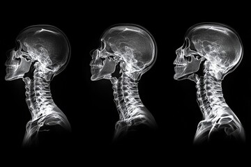 Poster - Multiple X-ray images showcasing a human skull and cervical spine alignment from different angles