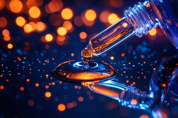 Poster - Close-up of a dropper releasing a golden liquid onto a reflective surface with a bokeh background