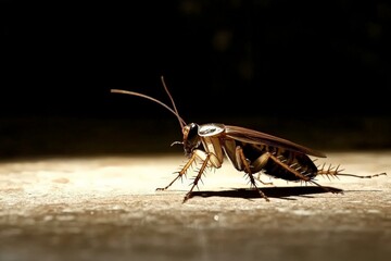 Poster - Close view of a cockroach on a surface with dramatic lighting highlighting its features in a domestic setting at night