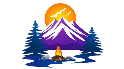 Wall Mural - Majestic Purple Mountain Sunset with Campfire and Pine Trees