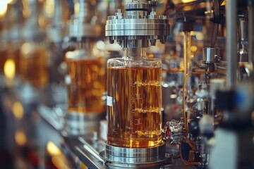 Aufkleber - Industrial process showcasing transparent glass containers filled with amber liquid at a manufacturing facility during daylight