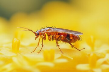Poster - Close-up view of a small insect resting on a bright yellow flower during springtime
