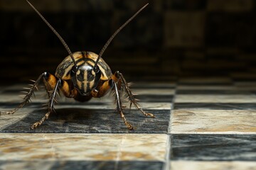 Poster - Close-up view of a cockroach on a tiled surface showcasing intricate details and natural colors in a dimly lit environment