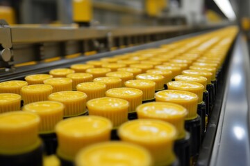 Aufkleber - Production line filled with yellow bottle caps in a manufacturing facility during daytime operations