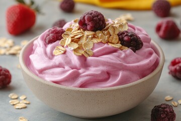 Aufkleber - Delicious raspberry yogurt topped with oats and fresh berries for a nutritious snack