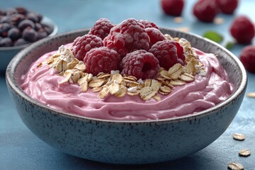 Poster - Healthy raspberry yogurt bowl with oats and blueberries on a blue background