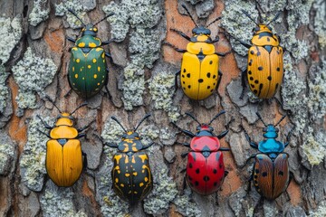 Poster - Colorful tropical beetles resting on tree bark showcase vibrant patterns and textures in their natural habitat