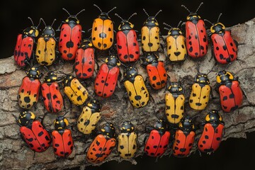 Poster - Colorful beetles congregate on a tree branch in a vibrant display of nature's diversity and beauty