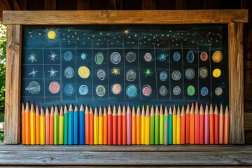Poster - Colorful chalkboard art display featuring celestial bodies and vibrant crayons in a rustic setting