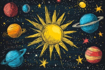Poster - Colorful illustration of planets and a sun surrounded by stars in a cosmic setting