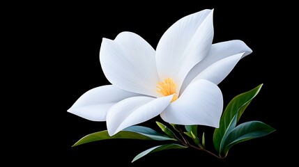 Sticker - White Flower with Green Leaves on Black Background