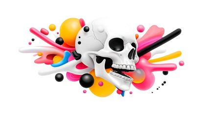 Poster - Abstract Colorful Skull with Paint Splatter and Three Dimensional Shapes