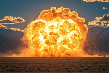 Poster - Massive explosion in a desert landscape showcasing bright flames and smoke against a mountain backdrop during sunset