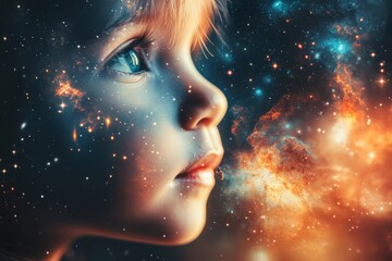 Aufkleber - Child gazing into the cosmos, exploring the wonders of the universe at a young age